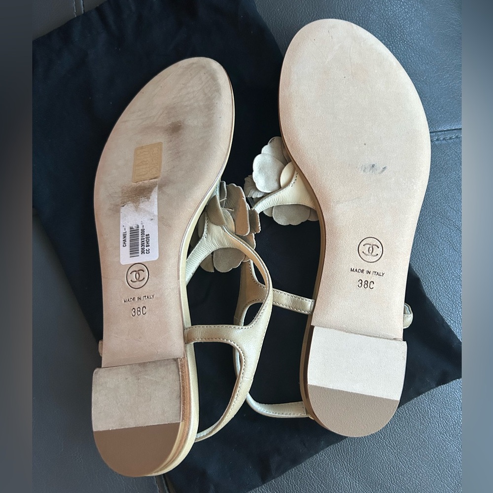 Chanel Brown Leather Camelia Thong Slingback Sandals - Picture 6 of 12